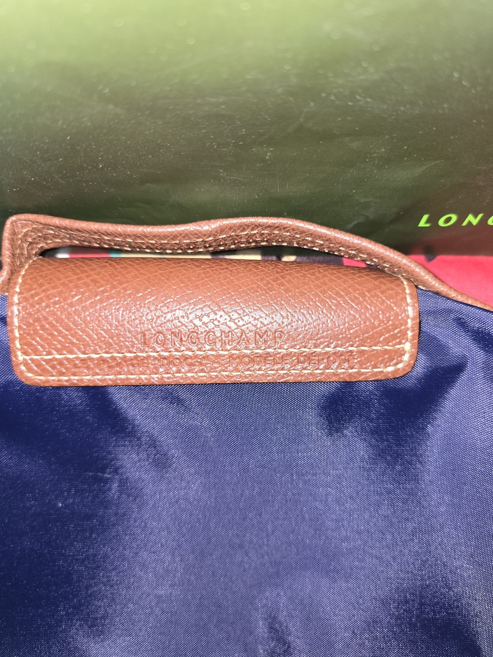 Longchamp LE PLIAGE Small Navy Bag with Brown Leather Trim/handle - Picture 5 of 6